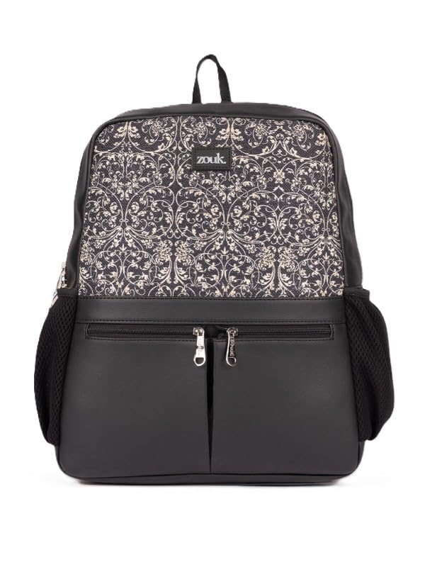 Image of ZOUK Women's Office Backpack | Vegan Leather & Handicraft Fabric | PeTA Approved | 15.6 Inch Laptop Compartment | Dual Zipper Pockets | Water Resistant | Trolley Passthrough | 17.5L