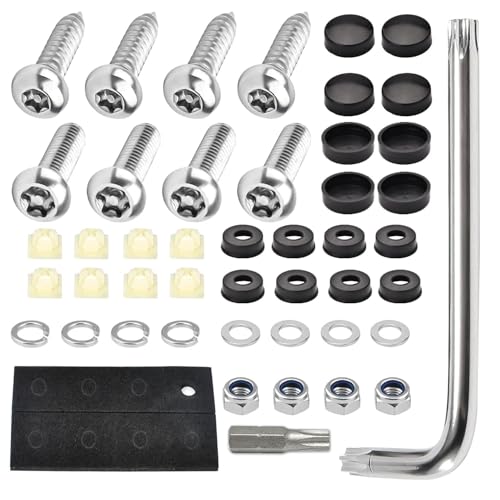 Anti Theft License Plate Screws, Stainless Steel Bolt Fasteners Kits for Car Tag Frame Holder, Tamper Resistant Mounting Hardware, Security Fastener Hardware and Black Caps (Black)