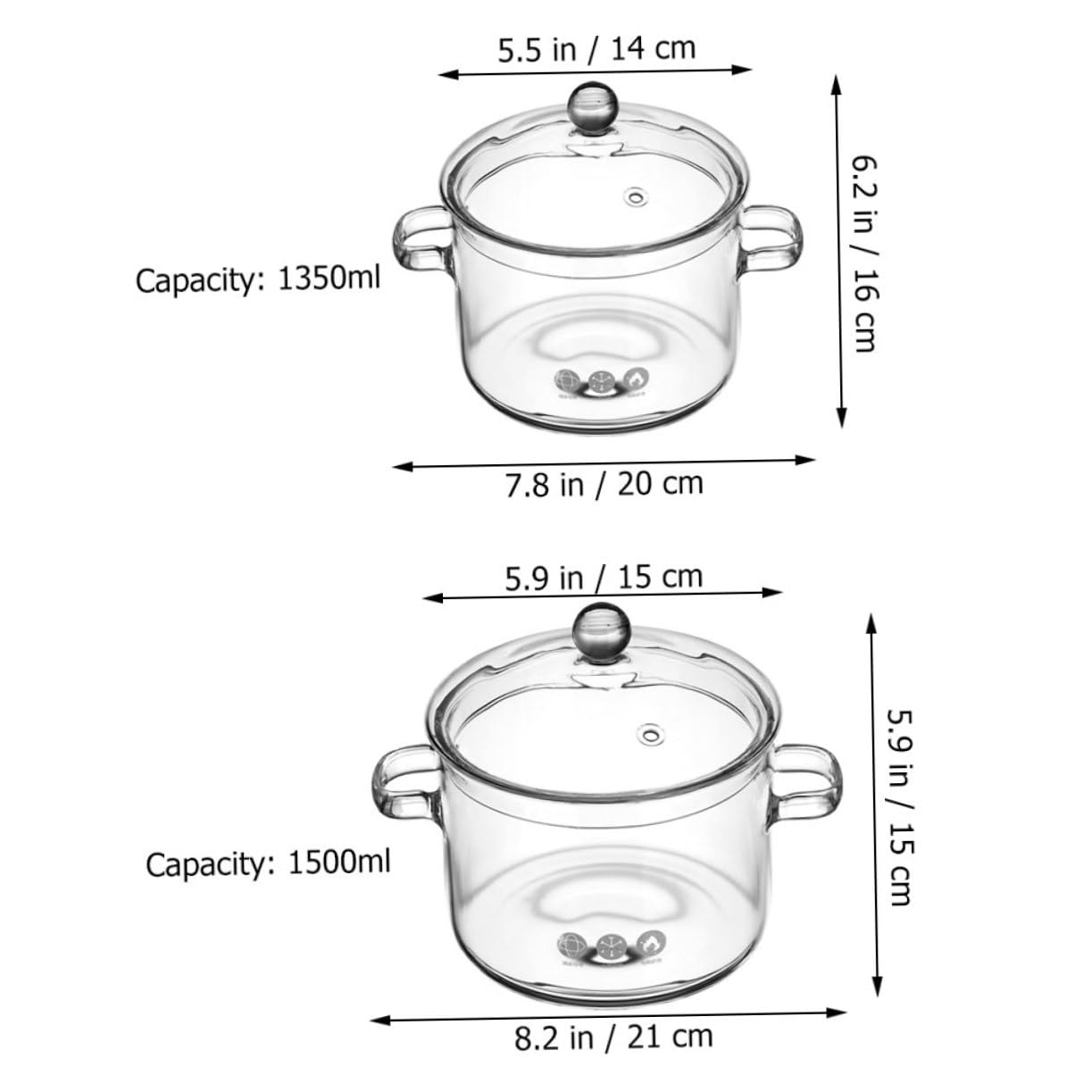 2 Stück Glas Kochtopf mit Doppelgriff Transparenter Glastopf für Herd 1350ml und 1500ml Mikrowellengeeignet für Cerankochfeld für Haushalt