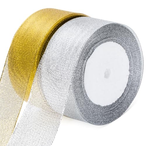 G2PLUS Cinta Organza Oro y Plata,40mmx44m Cinta de Navidad,Cintas Regalo