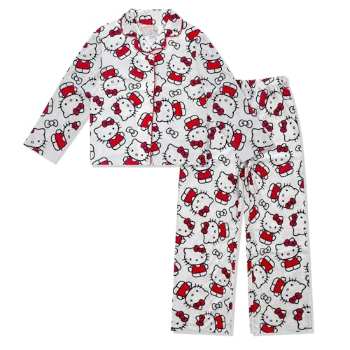 Hello Kitty Girls Pajama Set - 2 Piece Cozy Girls Pjs Button Down Long Sleeve & Pants For Kids - Official Product Red
