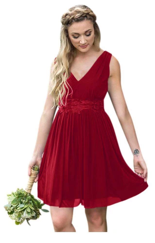 Andybridal Women's Country V Neck Open Back Chiffon Lace Short Wedding Guests Bridesmaid Dress