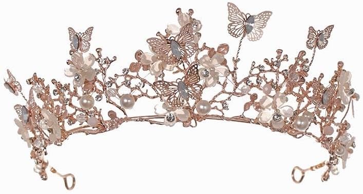 Koolouispoper Crystal Beads Pearl Butterfly Costume Jewelry Sets Floral Rhinestone Choker Necklace Earrings Tiara Wedding Jewelry Set (ROSE GOLD CROWN)