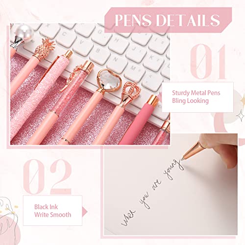 Image of Janmini Metal Crystal Glitter Ballpoint Pen Set 9 Pcs Black Ink Cute Cute Things Novelty Gifts for Women Girls Birthday Home Office (Pink)