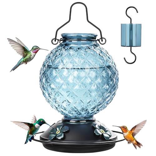 Tegarbed Glass Hummingbird Feeder for Outdoors Hanging 25 OZ Humming Bird Nectar Feeder with 4 Bee Guard Feeding Ports & Built-in Ant Moat Bird Feeder for Outside Gifts for Women Mom Blue