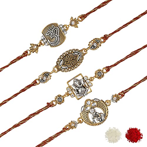 Image of eCraftIndia Set of 4 Golden Laddu Gopal, Lord Krishna Playing Flute, Lord Ganesha, and Shivling Religious Rakhis with Green Red Threads, and Roli Chawal Pack