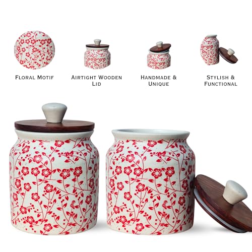 Image of Vistas 'Heritage Red' Airtight 420ml Set of 1 Ceramic Jar for Kitchen Storage | Handcrafted Ceramic Barni with Wooden Lid | Multipurpose Pickle, Spice & Salt Container