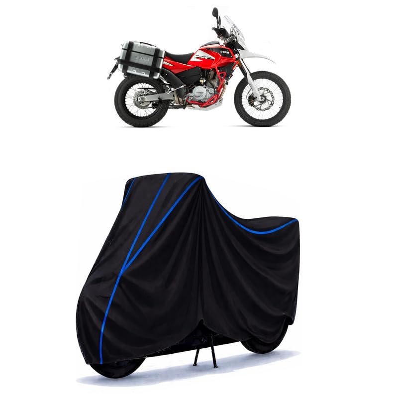 Image of SWM Superdual Bike Cover Water Resistant Universal Motorcycle Rain | Heavy Duty UV Protection, Dust, Scratch Indoor Outdoor All Weather with Black Blue Piping Elastic