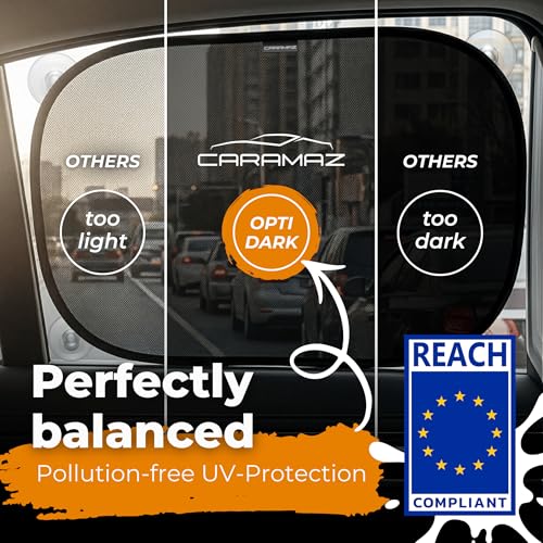 Image of CARAMAZ Sun Protection Car Baby with UV Protection, Reach Certified - Opti-Dark - GSM100+ Including Suction Cup - Blackout 51 x 31 cm, Pack of 2