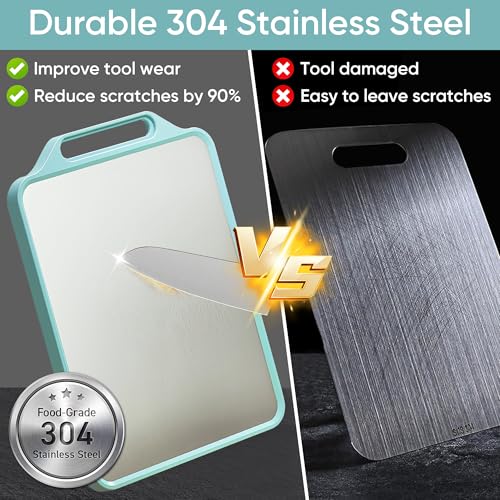 Double Sided Cutting Board, BOYUNSHI 304 Stainless Steel & Wheat Straw PP Chopping Boards with Handle, Non Slip Chopping Board for Kitchen Meat Fruit and Vegetables, Easy to Clean, 15.5” * 11.8” - Image 4