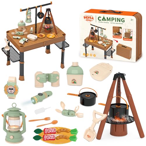 Fistone 50pcs Kids Camping Set with Folding Storage Table - Includes Projector Flashlight, Toddler Toys for Boys with Campfire, Pretend Play Camping Set with Food Toy, Ideal for Gift
