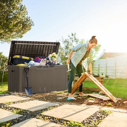 Image of Greesum 100 Gallon Resin Deck Box Large Outdoor Storage, Imitation Rattan Weave Texture for Patio Furniture, Garden Tools, Pool Supplies, Weatherproof and UV Resistant, Lockable, Light Coffee