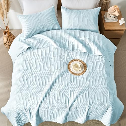 Davulos King Quilt Bedding Set,Aqua Blue Ultrasonic King/Cal King Quilt Set Reversible Microfiber Bedspread,Lightweight Soft Modern Geometric Coverlet Set for All Seasons(1 Quilt,2 Pillow Shams) by Davulos - Used condition - Image 3