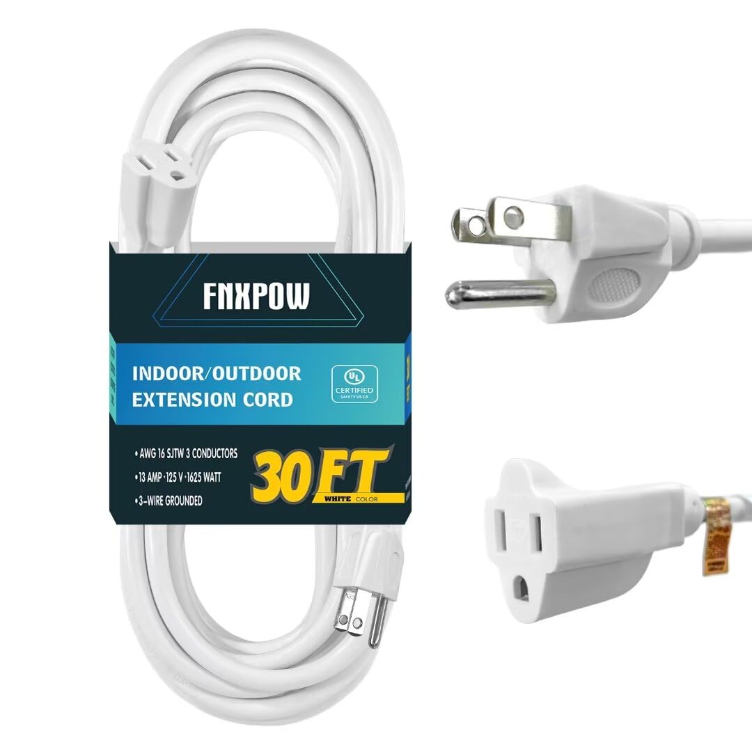 FNXPOW 30 FT Outdoor Extension Cord - 16/3 SJTW Durable White Electrical Cable with 3 Prong Grounded Plug, UL Listed