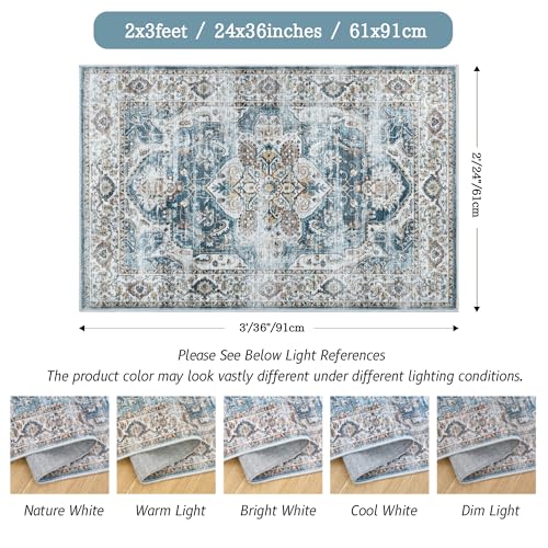 Madane Washable Area Rug 2x3, Small Entryway Rug Non-Slip Vintage Door Mat Indoor Entrance, Low Pile Floor Carpet for Inside Front Door Bedroom Kitchen Entry Laundry (2'x3', Navy)