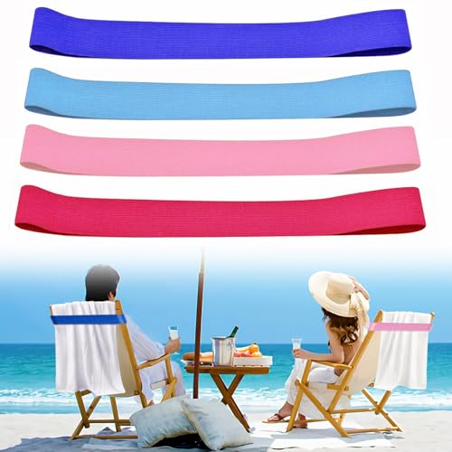 4 peças bandas para toalhas de praia, elástico resistente ao vento clipe para toalheiro de praia, cadeiras de praia e piscina acessórios de praia (4 cores, 39 × 3,8 cm)
