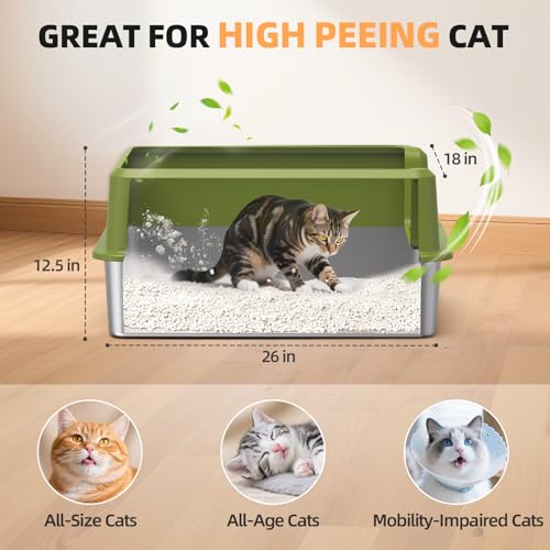 Image of WoofiGo Enclosed Stainless Steel Cat Litter Box with Lid, XL Extra Large Litter Box for Big Cats, Metal Litter Pan High Sided, Never Absorbs Odors, Anti-Urine Leakage, Include Scoop (65-Green)