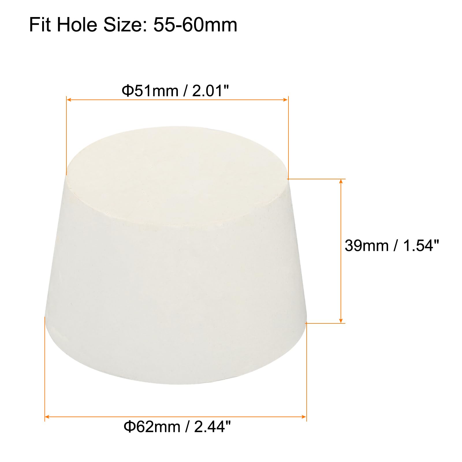 sourcing map Tapón cónico de goma de 51 mm a 62 mm, tubo de ensayo sólido, color blanco, 4 piezas