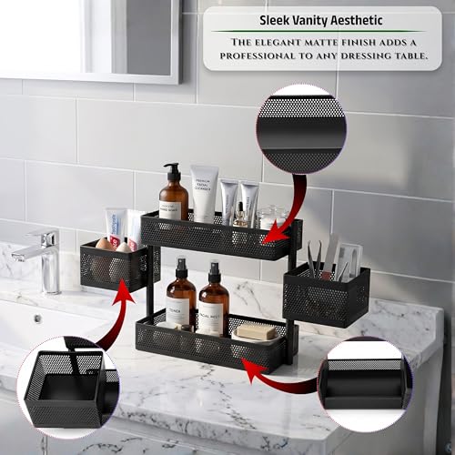 Image of flymore 4-Basket Rotating Makeup Organizer & Multi-Purpose Storage Rack - Metal Mesh Vanity Organizer for Cosmetics, Kitchen Spice Rack, Office Desktop Supplies & Kids Toy Storage - Matte Black