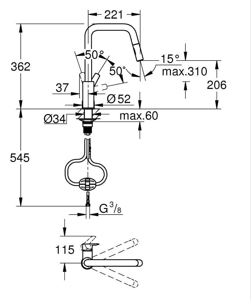 GROHE Start, Küchenarmatur 2 Strahlarten (Wasserhahn Küche, ausziehbare Brause, 360° schwenkbar, wassersparend dank variabler Mengenbegrenzung, werkzeugfreie Spülbecken-Montage), schwarz, 306312430