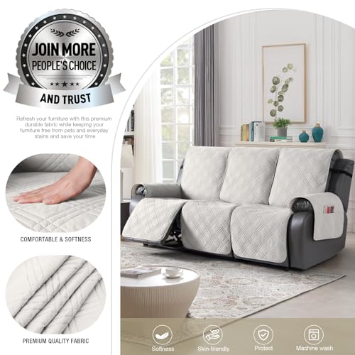 Image of TAOCOCO 100% Waterproof Recliner Sofa Cover, Non Slip Split Couch Covers for Reclining Couches with Elastic Straps, Washable Reclining Sofa Cover Furniture Protector for Kids Pets(3 Seater, Off White)