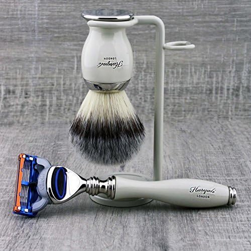 3 Pc Mens Shaving Kit 5 Edge Razor with Synthetic Badger Hair Shaving Brush and Stand Perfect Set for Men