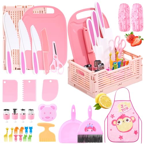 Couteaux enfant Montessori et kit cuisine rose 30 pcs pour couper les fruits en toute sécurité