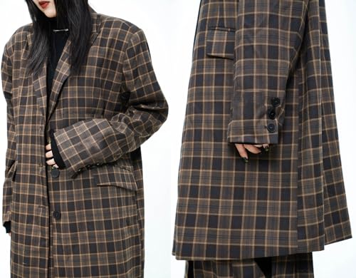 Women's Checked Single Breasted Button 2-Piece Suit Long Tuxedos Jacket Pants Prom Daily Leisure3