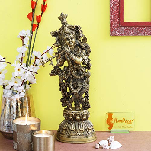 Image of Two Moustaches Brass Murli Krishna Statue, Standard, Yellow, Pack of 1
