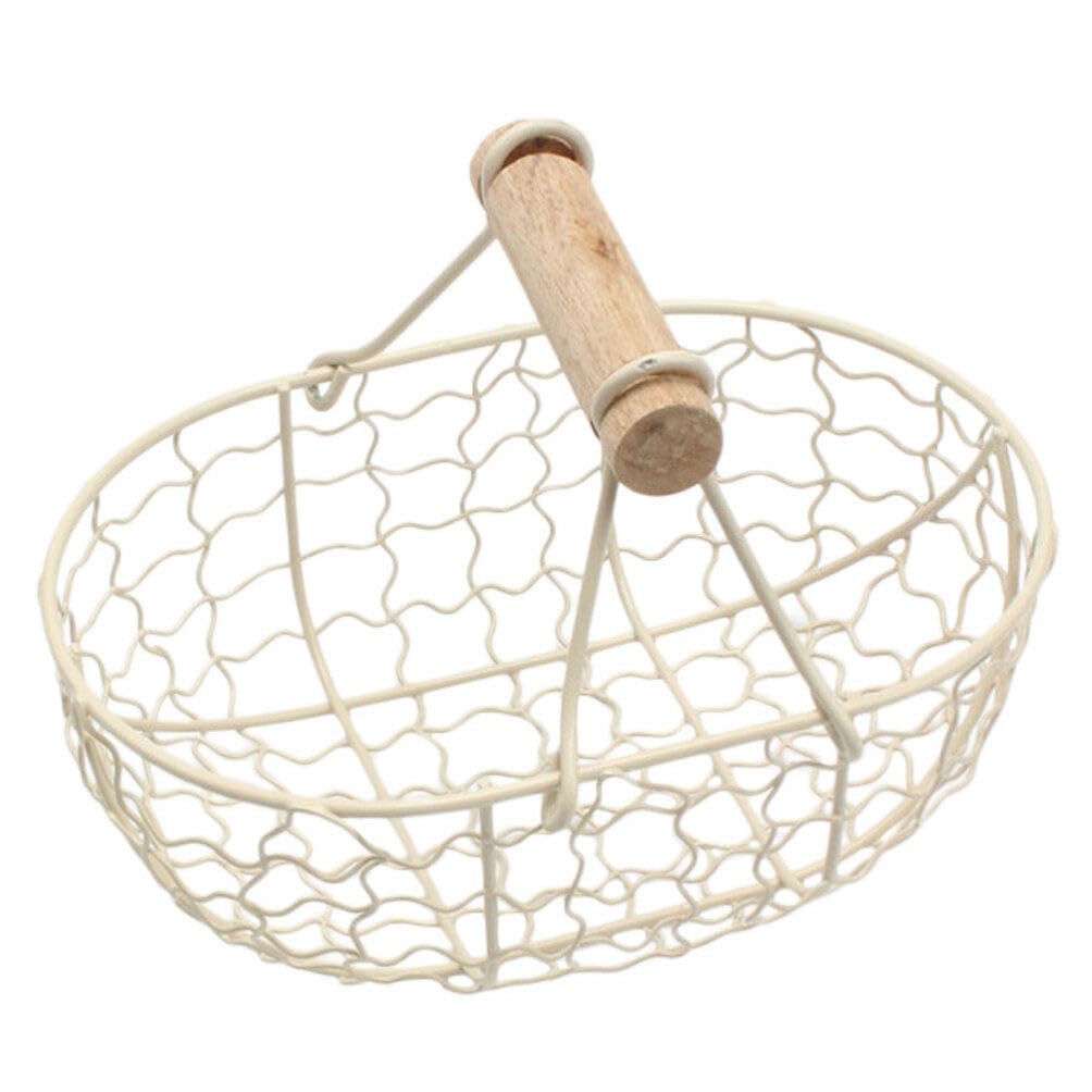 Chicken Wire Egg Baskets,Metal Wire Egg Basket with Wood Handle for Pantry, Closets, Kitchen Fruits, Veggies, Snacks(Beige)