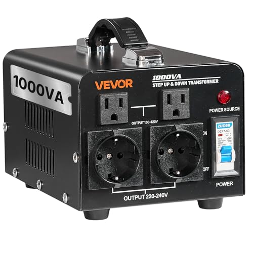 Image of VEVOR Voltage Converter Transformer, 1000VA, Heavy Duty Step Up /Down Power Transformer, Convert from 110V to 220V and 220V to 110V, with EU Outlets, US Outlets, Power Cord, Circuit Breaker Protection