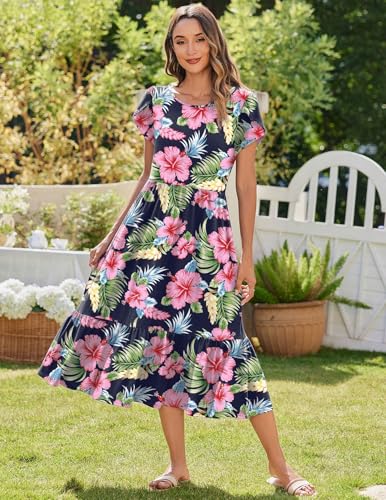 Image of Zeagoo Women Summer Midi A Line Dress Short Sleeve Casual Flowy Tiered Beach Long Sundress with Pockets 2026 Vacation Travel