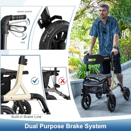 MAXWALK Walkers for Seniors, Rollator Walker with Seat, 12" Big Rubber Wheels All Terrain Rollator Walker with Backrest, Built-in Cable, Cup Holder, Foldable and Height Adjustment for Seniors, Gold - Thumbnail 6