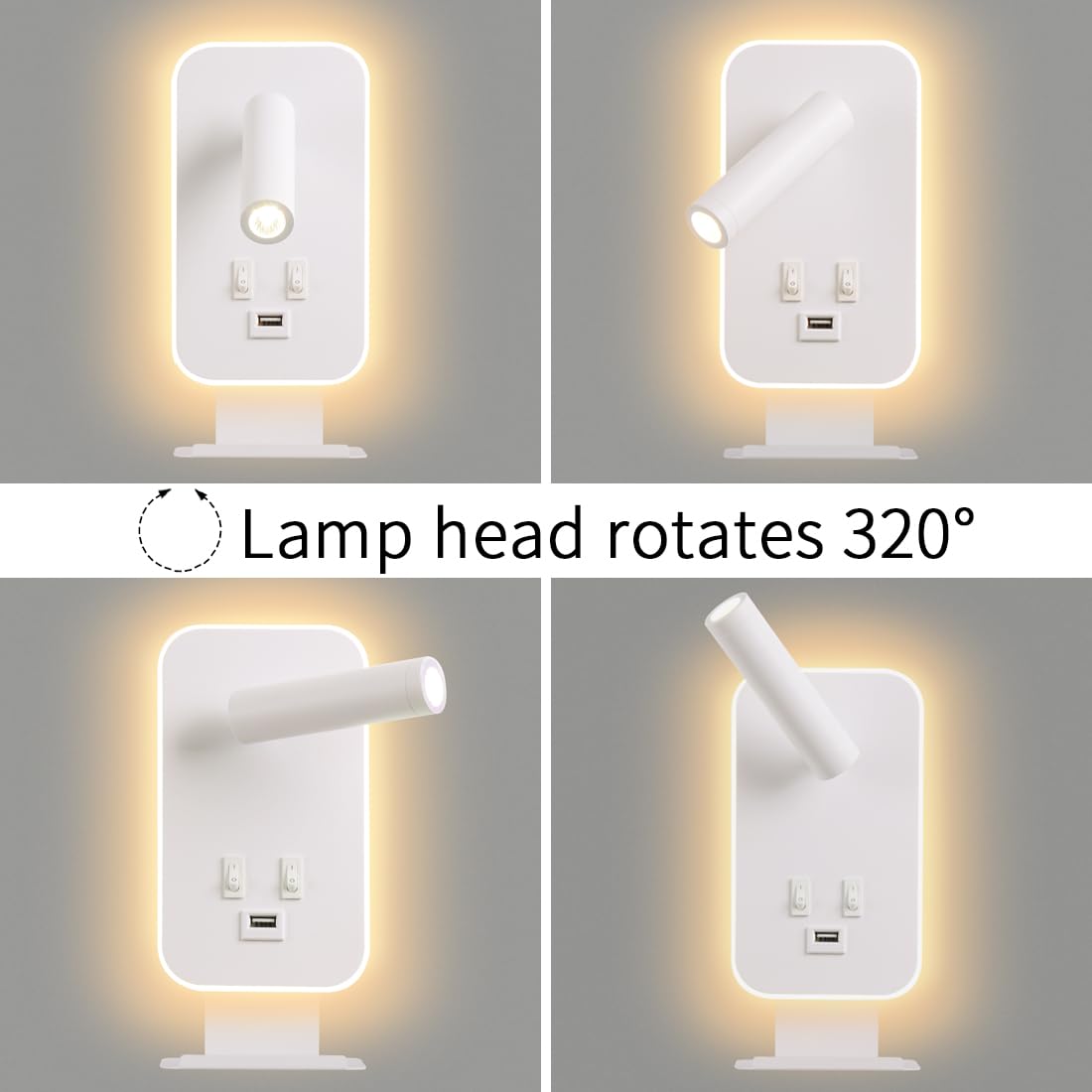 Lampada da Parete a LED, Lampada da Lettura da Comodino, Con porta di ricarica USB e vassoio per telefono, Faretto Regolabile con Luce Ambientale per Camera da Letto (3W 3100K+9W 6000K) Bianco