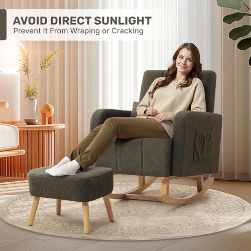Image of Rocking Nursing Chair with Ottoman, Upholstered Glider Rocker Armchair with High Backrest and Side Pocket, Comfy Reading Chair with Solid Wood Legs for Nursery, Living Room,Bedroom, Green