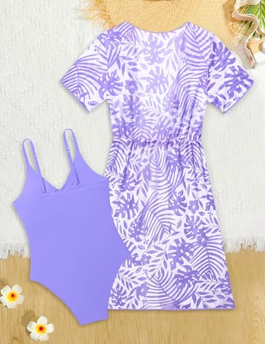 Image of Girls Swimsuits Size 10-12 Purple Girls One Piece Swimsuits Palm Print Quick Dry Cover Up 2Pcs Swimsuits for Teen Girls Bathing Suits Size 11-12