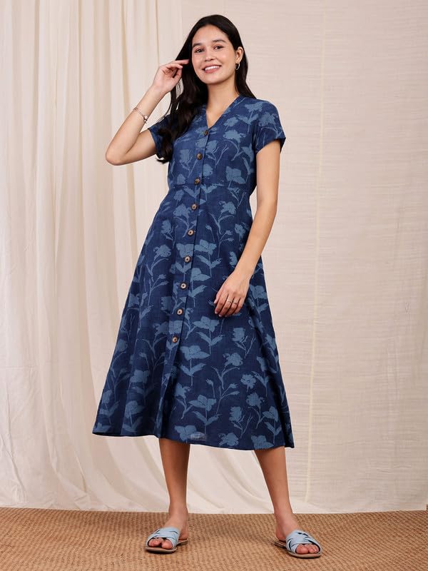 Image of Pink Fort Women Casual Cotton Handblock Dabu Floral Dress | A-Line Fit Short Sleeve 2 Functional Pockets | Navy Blue