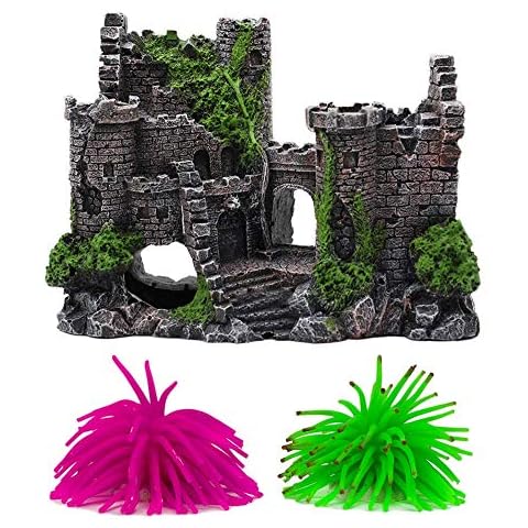 Resin Aquarium Ornament, Aquarium Decoration Stone Castle, Resin Aquarium Accessories Aqua Ornaments for Small Shrimp Turtle Fish Tank Accessories, with two silicone corals Cover