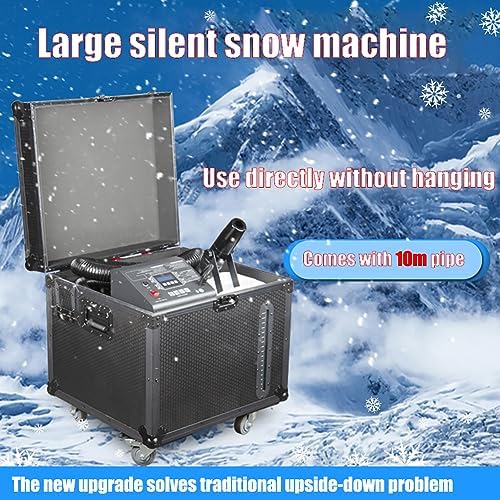 Máquina de nieve comercial súper silenciosa, distancia de pulverización de 10 m, máquina de efectos de escenario para hacer copos de nieve de 1500 W con tubo de extensión de 10 m y estuche de vuelo,