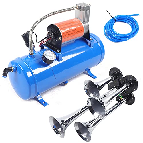 Kit de klaxons de train bruyant de 4 trompettes, kit de klaxons de train super bruyants de train 6L pour les bateaux de camion de voiture de bateau de camion, compresseur dair de 150 PSI 12V Cover