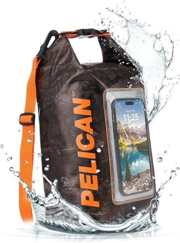 Image of Pelican Marine IP68 Waterproof Dry Bag 5L w /Phone Pouch /Case - Hunter Camo | Roll Top Waterproof Backpack with Touchscreen Phone Pouch - Swimming, Kayaking, Camping, Rafting, Fishing & Travel Essentials
