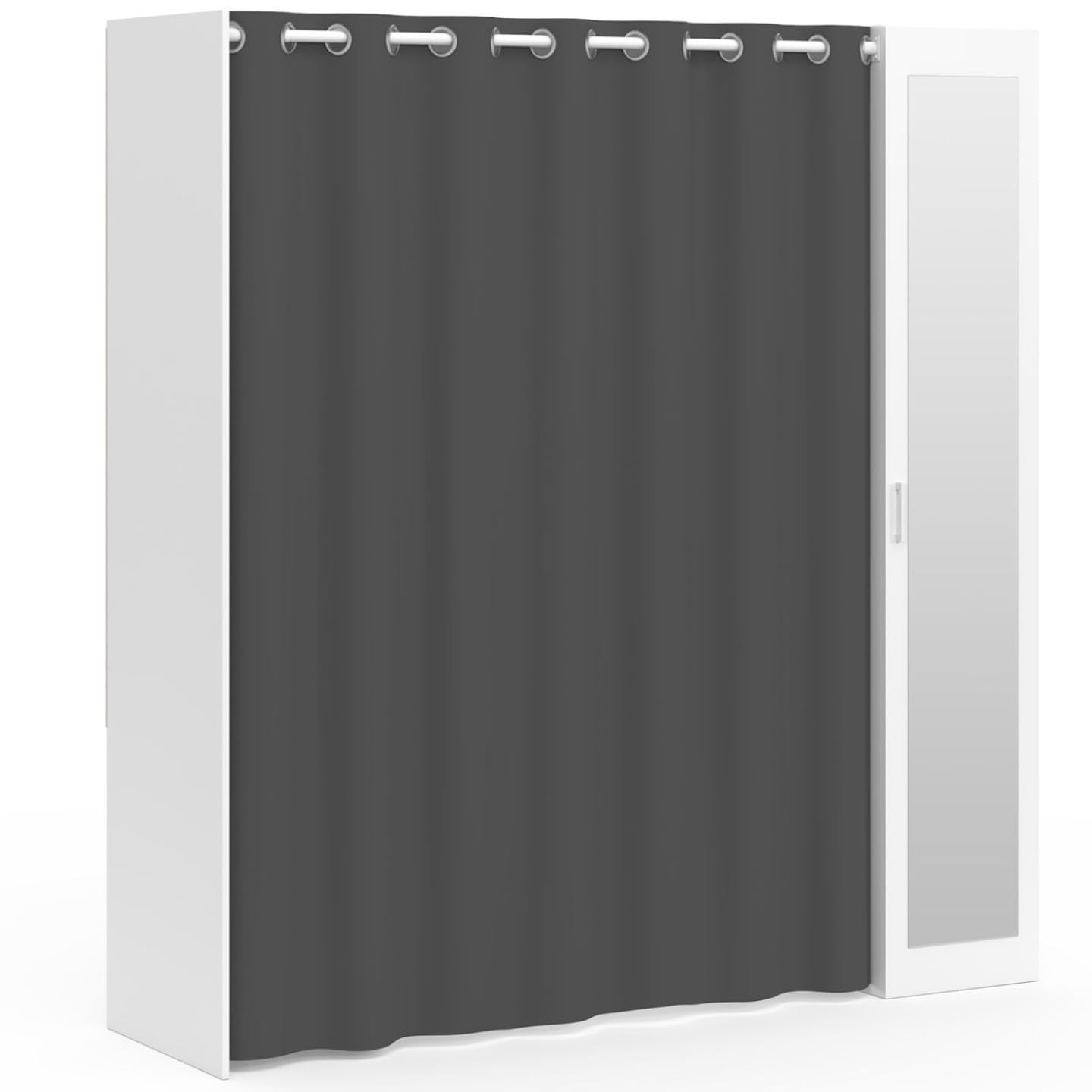 IDMarket - Dressing extensible MERYL 145/170 x 50 x 180 cm blanc avec étagères + double penderie + miroir + rideau gris