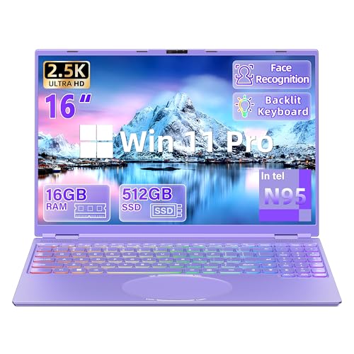 Image of New 16 inch Purple Laptop,Ultra-Narrow Bezel 2.5K QHD IPS (2560x1600),Quad-Core N95 (3.4GHz),16GB RAM 512GB SSD,Color Backlit KB, Face Unlock,USB-C /HDMI /WiFi /BT,Win 11 Pro,for Business Study Entertainment