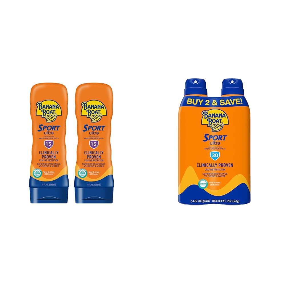 Banana Boat Sport Ultra SPF 15 & 30 Sunscreen Lotion and Spray Twin Packs, 8oz Lotion & 6oz Spray each