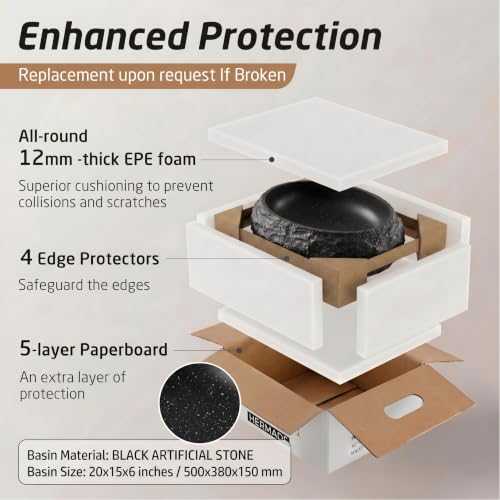 Image of BASSINO 20x15x6 Inches Artificial Stone Table Top Washbasin /Black Stone Texture Luxury Countertop Sink /Modern Rock Finish Wash Basin for Home-Hotel /Small Designer Oval Shape Basin for Bathroom(Matte)