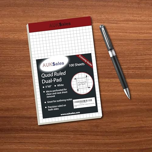 AUKSales Quad Ruled Dual Graph Pad 5 x 8 Inches -White Color 100 sheets per Perforated Pad, use in school, home and office Pack of 3