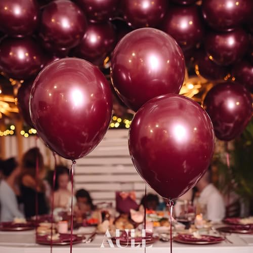 Image of AULE 50Pcs Metallic 12 Inch Burgundy Maroon Latex Balloons | Maroon Shiny Balloon Helium Thicken Party Decoration for Wedding Birthday Graduation Carnival