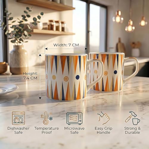 Image of UPC Coffee Mug Set of 6 | White Retro Geometric Triangle Print | Orange & Navy Blue Boho Pattern | Bone China Tea & Coffee Cups | Microwave Safe | Home & Kitchen