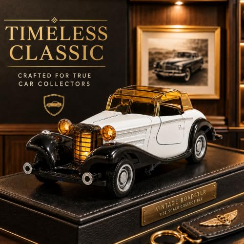 Image of GRAPHENE 1:32 Metal Diecast Vintage Toy Car Pull Back Action Light Sound Openable Doors Miniture Antique Retro Classic Model Car for Kids Toddlers Car Decorative Item Birthday Gift 3+Boys (White)