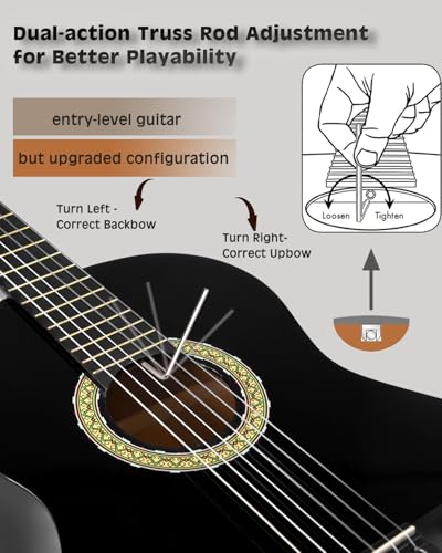 Image of Winzz Beginner Adult Classical Guitar with 7 Accessories - Nylon String 4 /4 Guitar Pack - Glossy Black 39 Inch